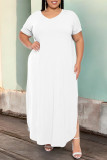 Black Casual Solid Color Slit V Neck Short Sleeve Plus Size Dresses