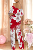 Pink Sexy Floral Print Flounce Contrast Off Shoulder Loose Jumpsuits