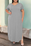 Black Casual Solid Color Slit V Neck Short Sleeve Plus Size Dresses