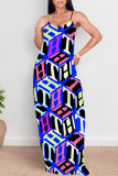 Blue Sexy Skull Head Striped Print Pocket Contrast O Neck Printed Dresses