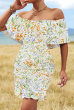 Black Pink Sexy Floral Print Flounce Contrast Off Shoulder Printed Dresses