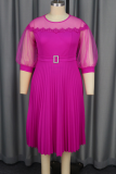 Rose Red Elegant Solid Color With Belt Pleated O Neck Long Plus Size Dresses