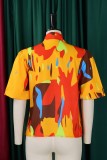 Red Casual Print Belted Tie Neck Tops