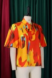 Red Casual Print Belted Tie Neck Tops