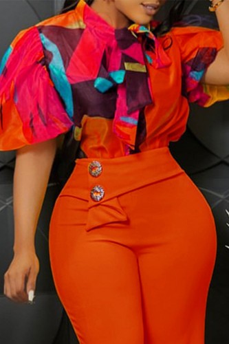 Red Casual Print Belted Tie Neck Tops