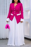 Rose Red Casual Solid Color Buttons Patchwork Contrast V Neck Long Sleeve Two Pieces
