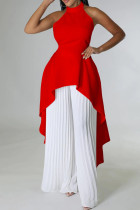 Red White Casual Solid Color Backless Ruched Irregular Halter Sleeveless Two Pieces