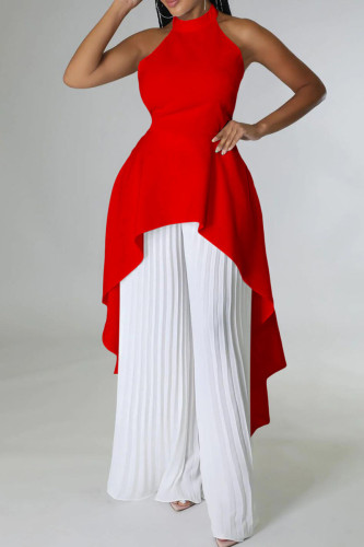Red White Casual Solid Color Backless Ruched Irregular Halter Sleeveless Two Pieces