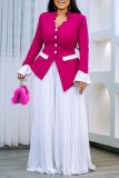 Rose Red Casual Solid Color Buttons Patchwork Contrast V Neck Long Sleeve Two Pieces