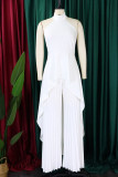 Blue White Casual Solid Color Backless Ruched Irregular Halter Sleeveless Two Pieces