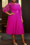 Rose Red Elegant Solid Color With Belt Pleated O Neck Long Plus Size Dresses