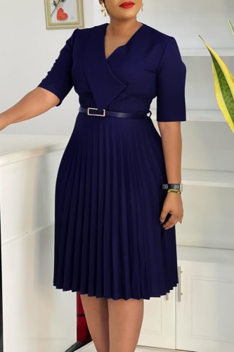 Dark Blue Casual Solid Color With Belt V Neck A Line Dresses