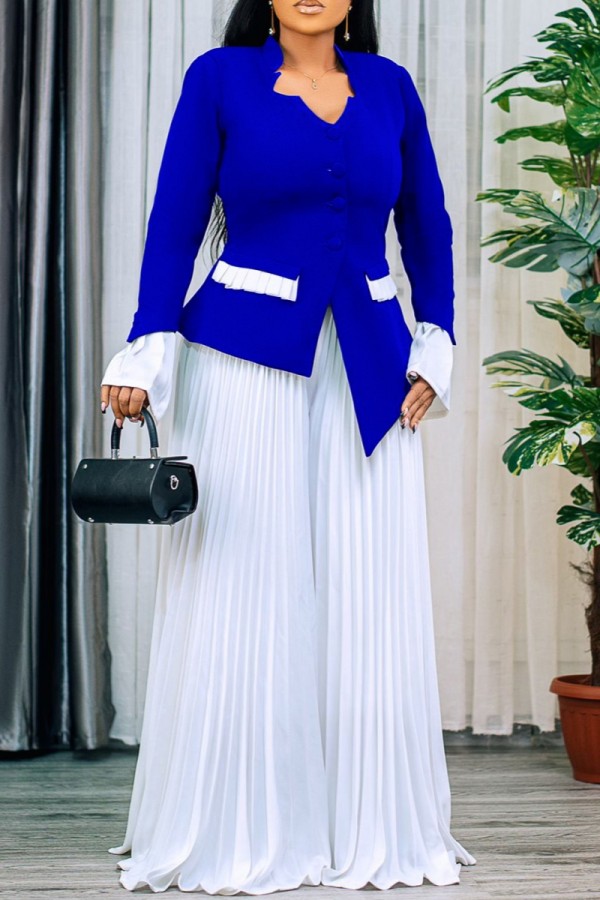 Blue Casual Solid Color Buttons Patchwork Contrast V Neck Long Sleeve Two Pieces