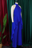 Blue White Casual Solid Color Backless Ruched Irregular Halter Sleeveless Two Pieces