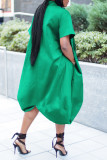 Blue Casual Solid Color Buttons Turndown Collar Shirt Plus Size Dresses