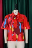 Red Casual Print Belted Tie Neck Tops
