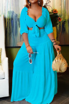 Sky Blue Sexy Casual Solid Color Belted V Neck Half Sleeve Two Pieces