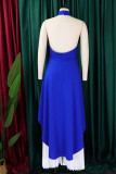 Blue White Casual Solid Color Backless Ruched Irregular Halter Sleeveless Two Pieces