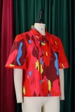 Red Casual Print Belted Tie Neck Tops
