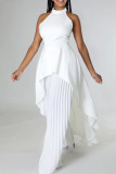 Blue White Casual Solid Color Backless Ruched Irregular Halter Sleeveless Two Pieces