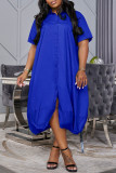 Blue Casual Solid Color Buttons Turndown Collar Shirt Plus Size Dresses