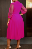 Rose Red Elegant Solid Color With Belt Pleated O Neck Long Plus Size Dresses