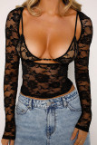 White Sexy Solid Color Lace See-Through U Neck Tops(Two-piece set)
