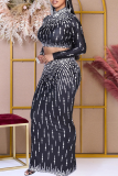 Brown Elegant Patchwork Slit Hot Drill O Neck Long Sleeve Two Pieces