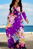Purple Casual Flowers Print Pocket Contrast O Neck Printed Dresses