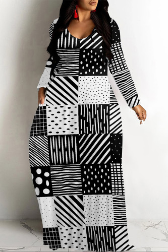 Black And White Casual Geometric Print Pocket Contrast O Neck Printed Dresses