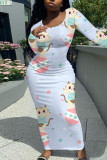 Beige Casual Cartoon Print Contrast O Neck Printed Dresses