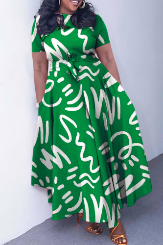 Green White Casual Print Pocket Strap Design O Neck Irregular Dresses