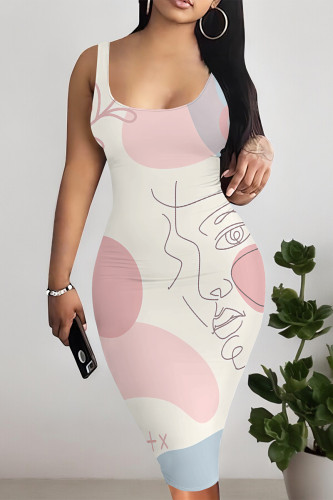 Light Pink Sexy Geometric Print Contrast U Neck Printed Dresses