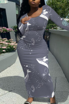 Gray Blue Casual Cartoon Print Contrast O Neck Printed Dresses