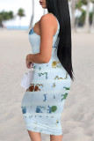 Dark Green Sexy Graffiti Print Stripe Contrast U Neck Printed Dresses