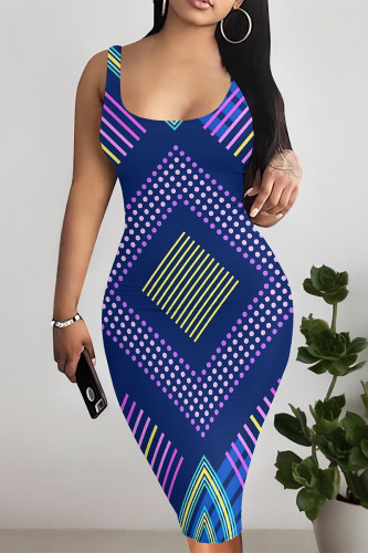 Dark Blue Sexy Geometric Print Contrast U Neck Printed Dresses