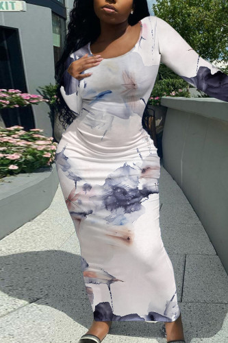 Grey Elegant Floral Print Contrast O Neck Printed Dresses