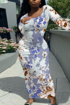 Blue Elegant Floral Print Contrast O Neck Printed Dresses