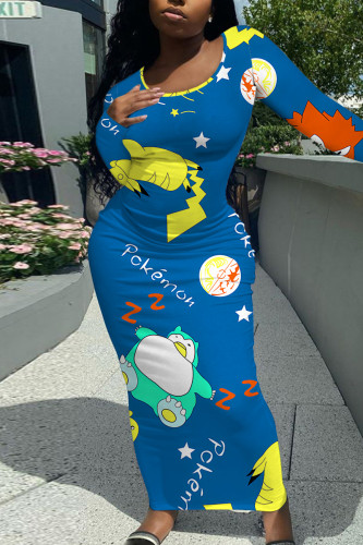 Blue Casual Cartoon Print Contrast O Neck Printed Dresses