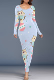 Beige Casual Cartoon Print Contrast O Neck Printed Dresses