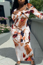 White Elegant Floral Print Contrast O Neck Printed Dresses