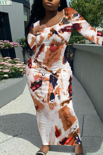 White Elegant Floral Print Contrast O Neck Printed Dresses