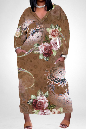 Brown Elegant Floral Print Pocket Contrast V Neck Printed Plus Size Dresses