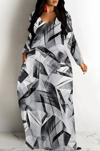 Black Gray Casual Geometric Print Pocket Contrast O Neck Printed Dresses