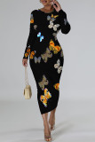 Pink Elegant Graffiti Print Butterfly Contrast O Neck Printed Dresses
