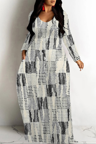 Gray Apricot Casual Geometric Print Pocket Contrast O Neck Printed Dresses