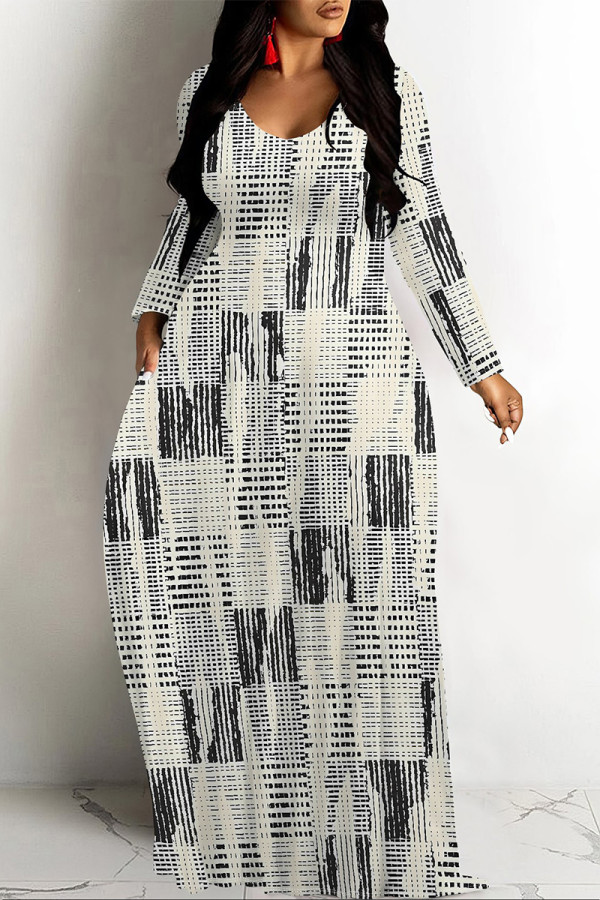 Gray Apricot Casual Geometric Print Pocket Contrast O Neck Printed Dresses