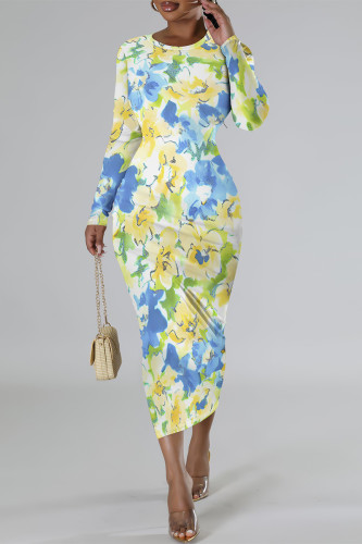 Green Yellow Elegant Floral Print Contrast O Neck Printed Dresses