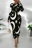 Pink Elegant Graffiti Print Butterfly Contrast O Neck Printed Dresses