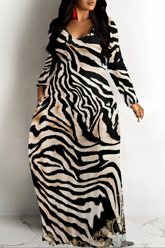 Zebra Casual Zebra Print Snakeskin Print Pocket Contrast O Neck Printed Dresses